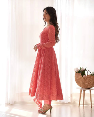 Pink Designer Lucknowi Embroidered Anarkali Set with Ruffle Dupatta – Heavy Fox Georgette Clothsvilla