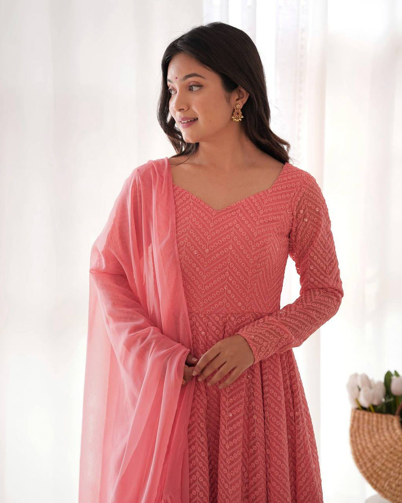Pink Designer Lucknowi Embroidered Anarkali Set with Ruffle Dupatta – Heavy Fox Georgette Clothsvilla