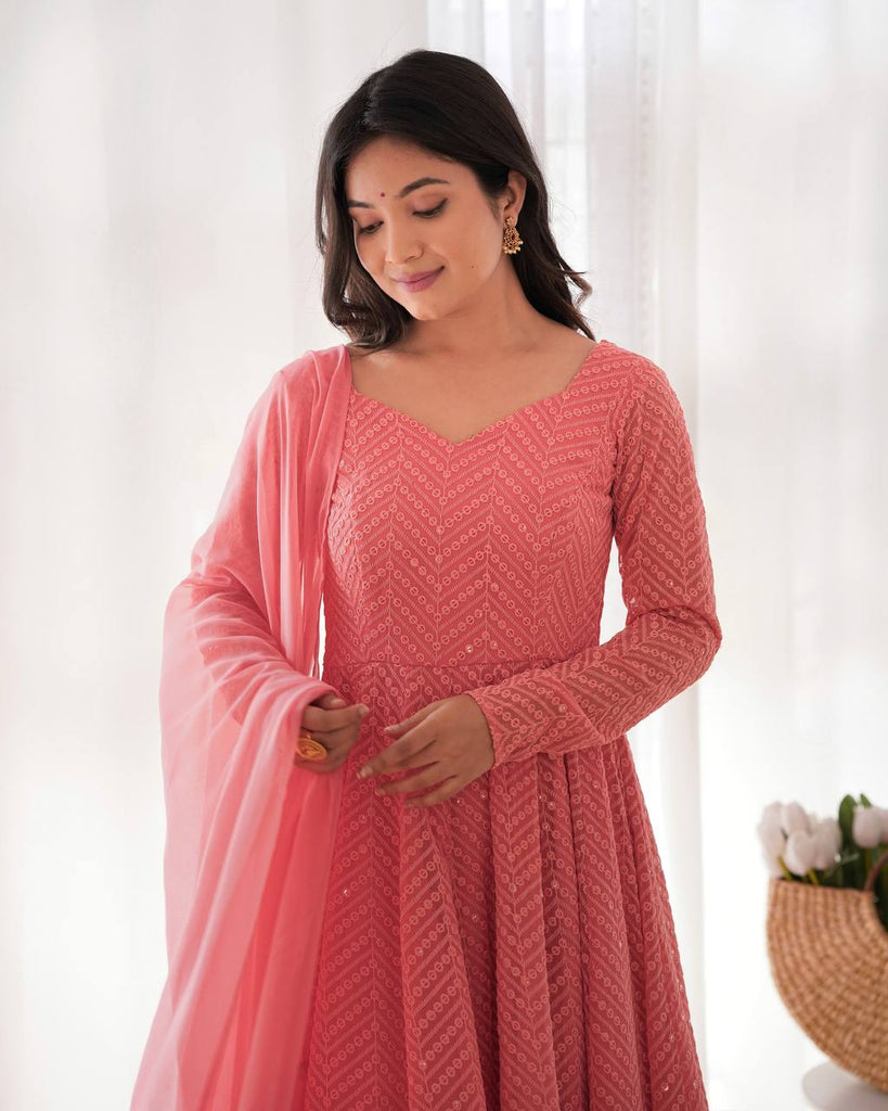 Pink Designer Lucknowi Embroidered Anarkali Set with Ruffle Dupatta – Heavy Fox Georgette Clothsvilla