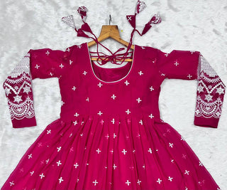Pink Designer Luxury Anarkali Suit Set – Faux Blooming Fabric with Heavy Sequin & Thread Embroidery ClothsVilla