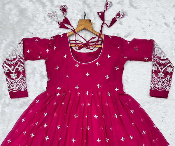 Pink Designer Luxury Anarkali Suit Set – Faux Blooming Fabric with Heavy Sequin & Thread Embroidery ClothsVilla
