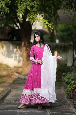 Pink Designer Luxury Anarkali Suit Set – Faux Blooming Fabric with Heavy Sequin & Thread Embroidery ClothsVilla