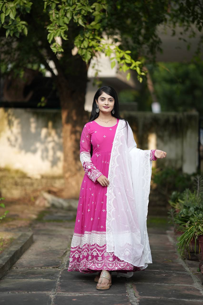 Pink Designer Luxury Anarkali Suit Set – Faux Blooming Fabric with Heavy Sequin & Thread Embroidery ClothsVilla Main image