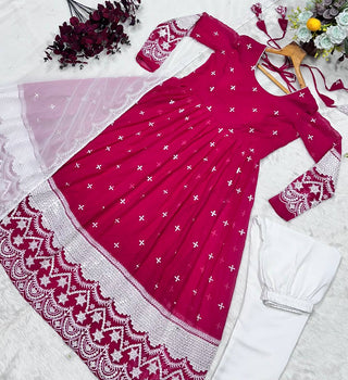 Pink Designer Luxury Anarkali Suit Set – Faux Blooming Fabric with Heavy Sequin & Thread Embroidery ClothsVilla