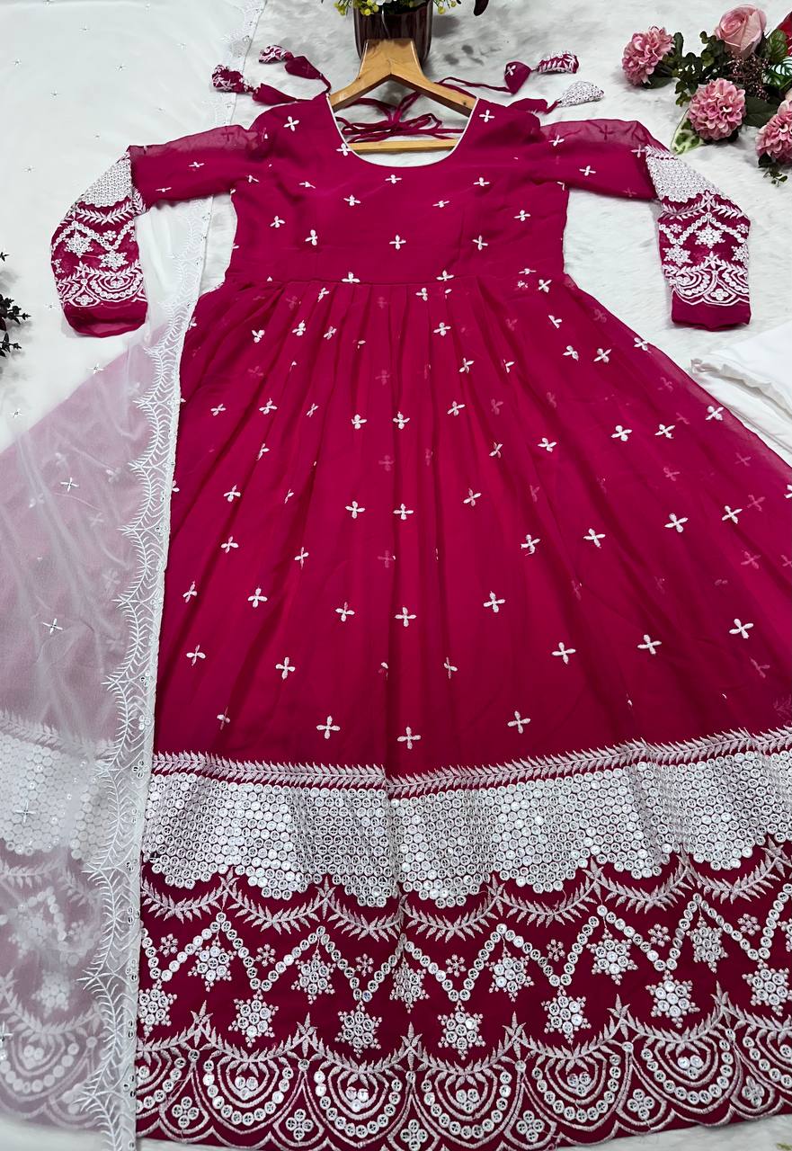 Pink Designer Luxury Anarkali Suit Set – Faux Blooming Fabric with Heavy Sequin & Thread Embroidery ClothsVilla