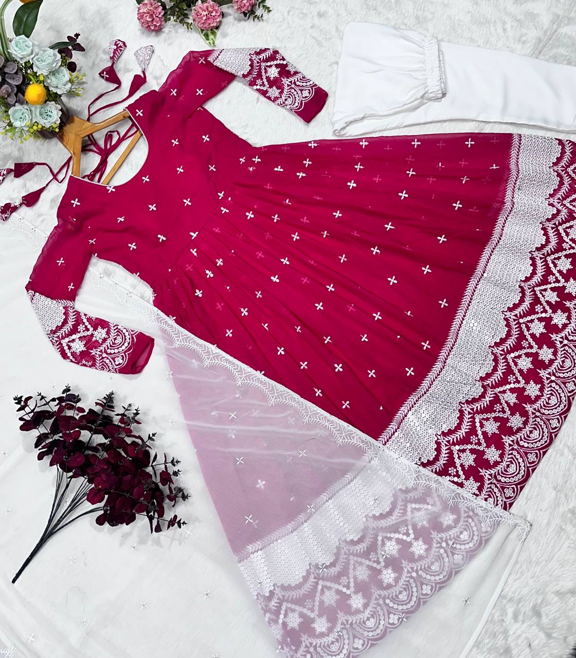 Pink Designer Luxury Anarkali Suit Set – Faux Blooming Fabric with Heavy Sequin & Thread Embroidery ClothsVilla