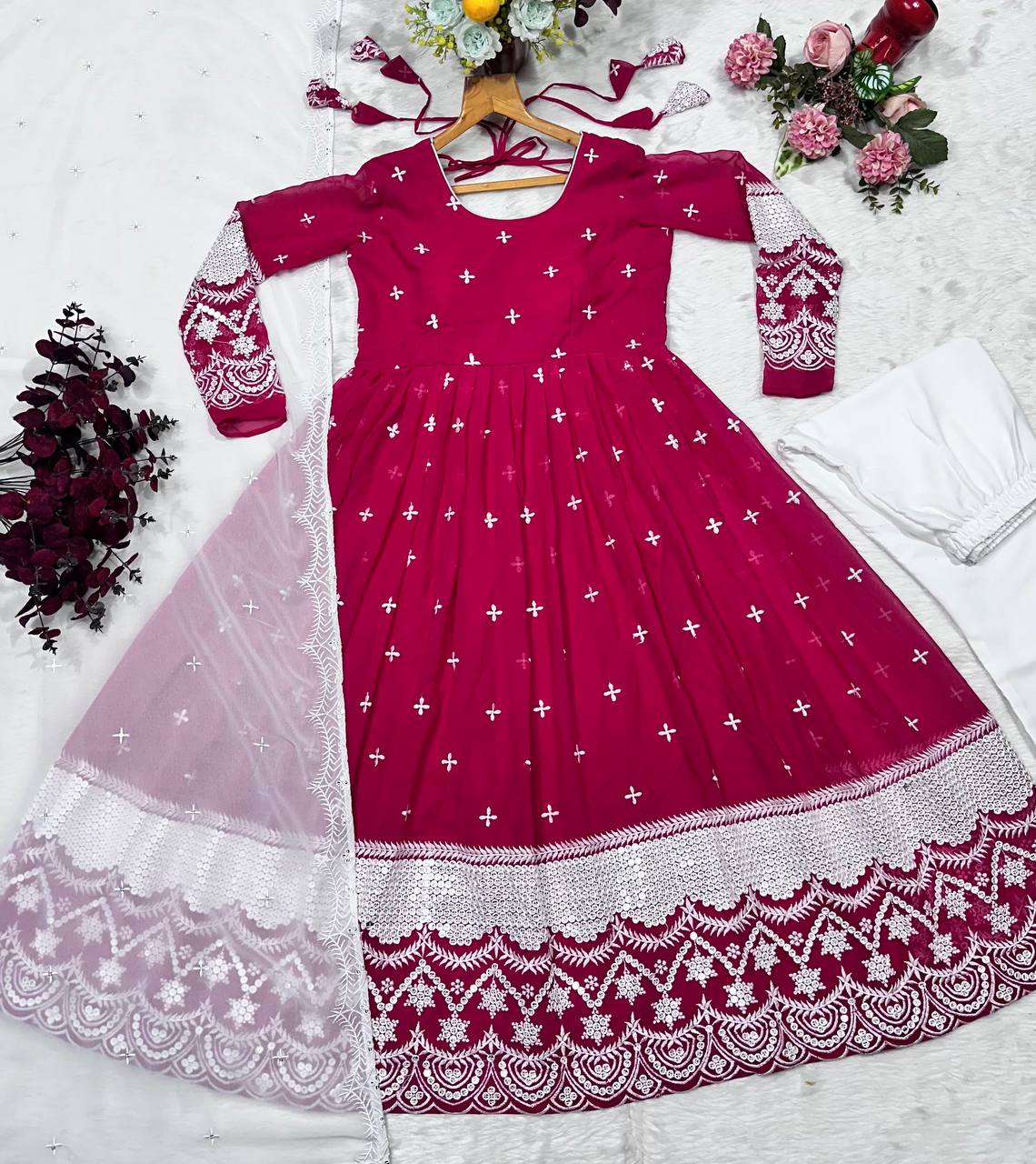 Pink Designer Luxury Anarkali Suit Set – Faux Blooming Fabric with Heavy Sequin & Thread Embroidery ClothsVilla