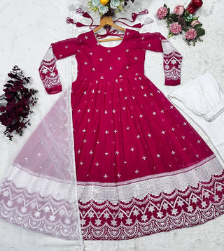 Pink Designer Luxury Anarkali Suit Set – Faux Blooming Fabric with Heavy Sequin & Thread Embroidery ClothsVilla