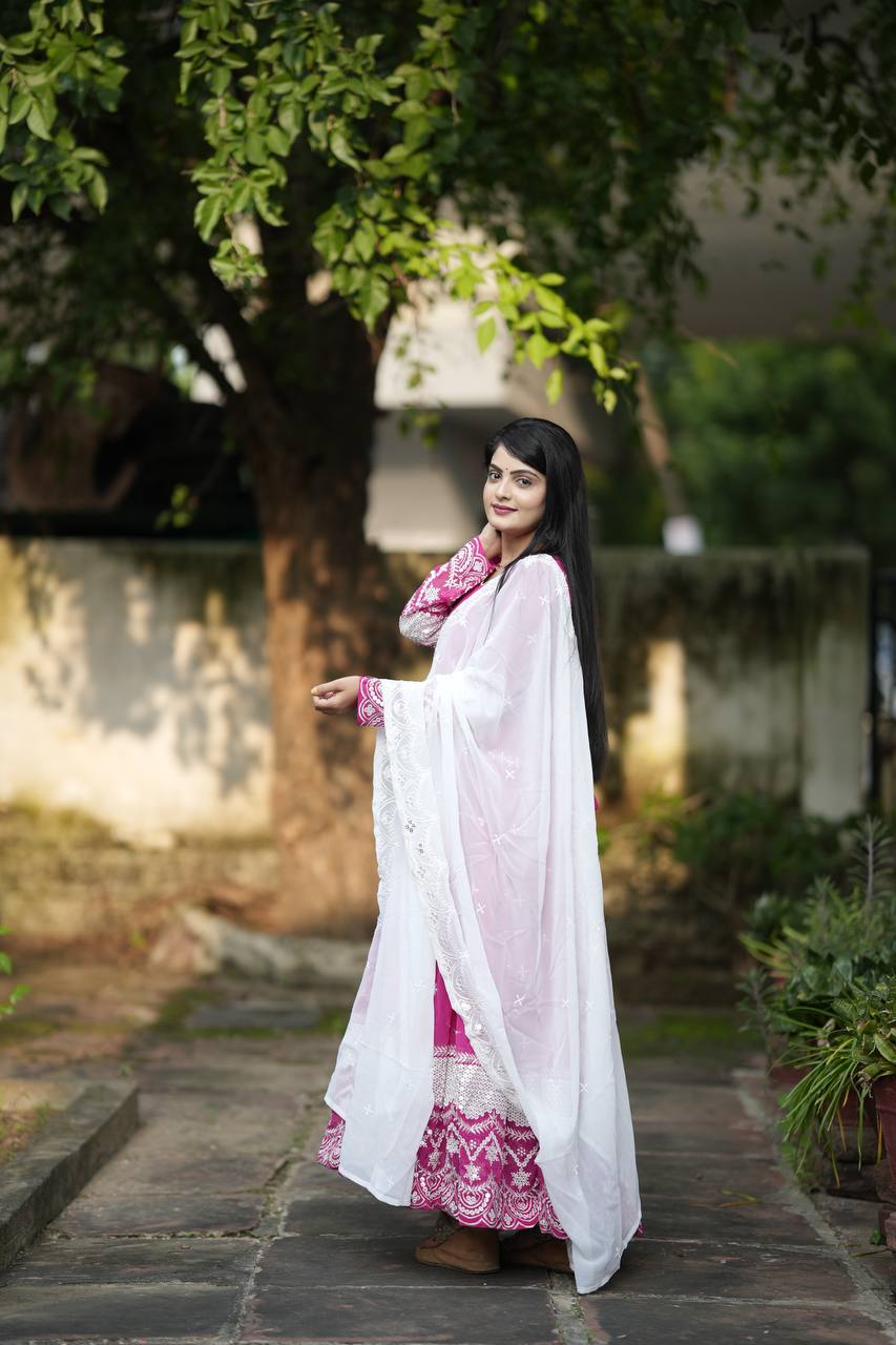 Pink Designer Luxury Anarkali Suit Set – Faux Blooming Fabric with Heavy Sequin & Thread Embroidery ClothsVilla