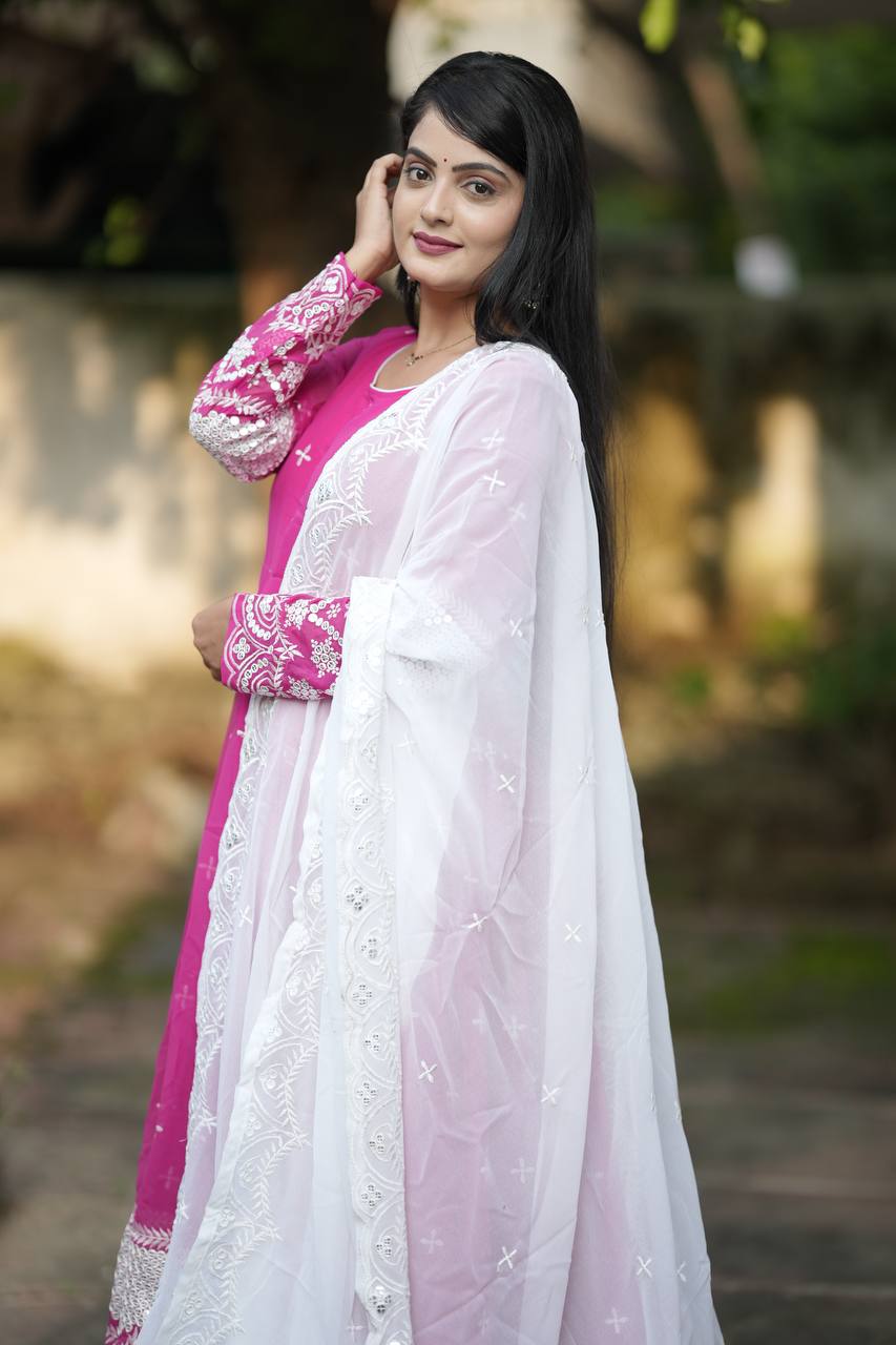 Pink Designer Luxury Anarkali Suit Set – Faux Blooming Fabric with Heavy Sequin & Thread Embroidery ClothsVilla