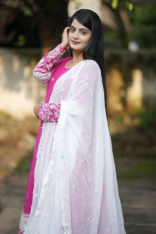 Pink Designer Luxury Anarkali Suit Set – Faux Blooming Fabric with Heavy Sequin & Thread Embroidery ClothsVilla