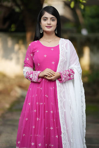 Pink Designer Luxury Anarkali Suit Set – Faux Blooming Fabric with Heavy Sequin & Thread Embroidery ClothsVilla