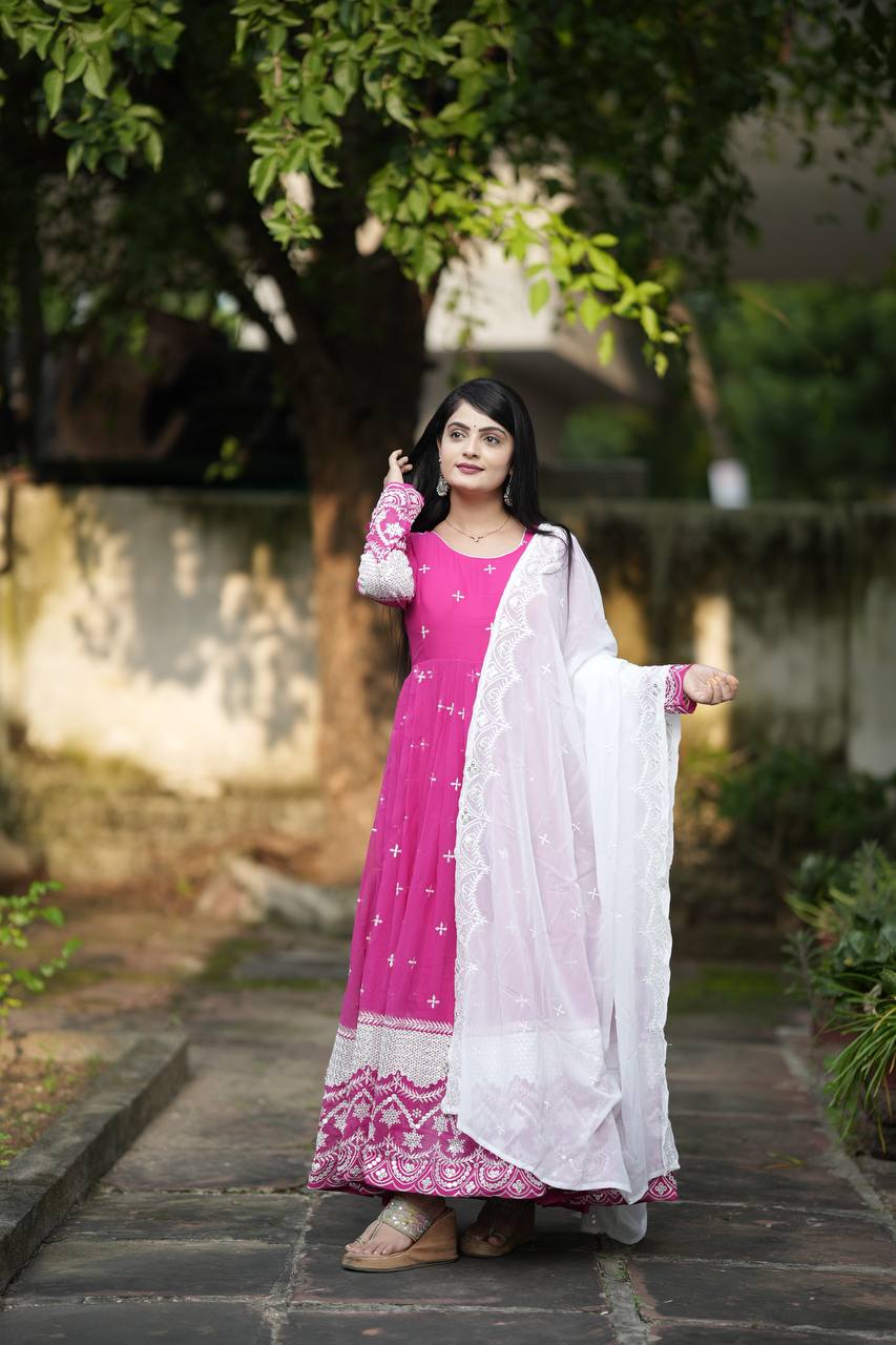 Pink Designer Luxury Anarkali Suit Set – Faux Blooming Fabric with Heavy Sequin & Thread Embroidery ClothsVilla