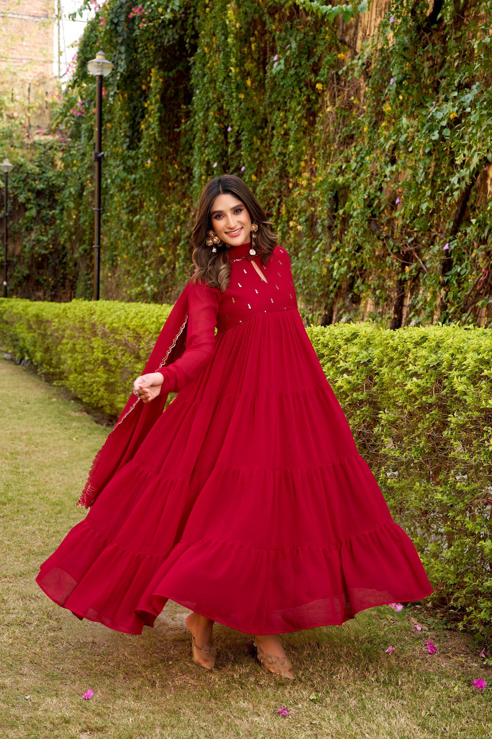 Pink Designer Marble Foil Work Flared Dress Set Secondary image