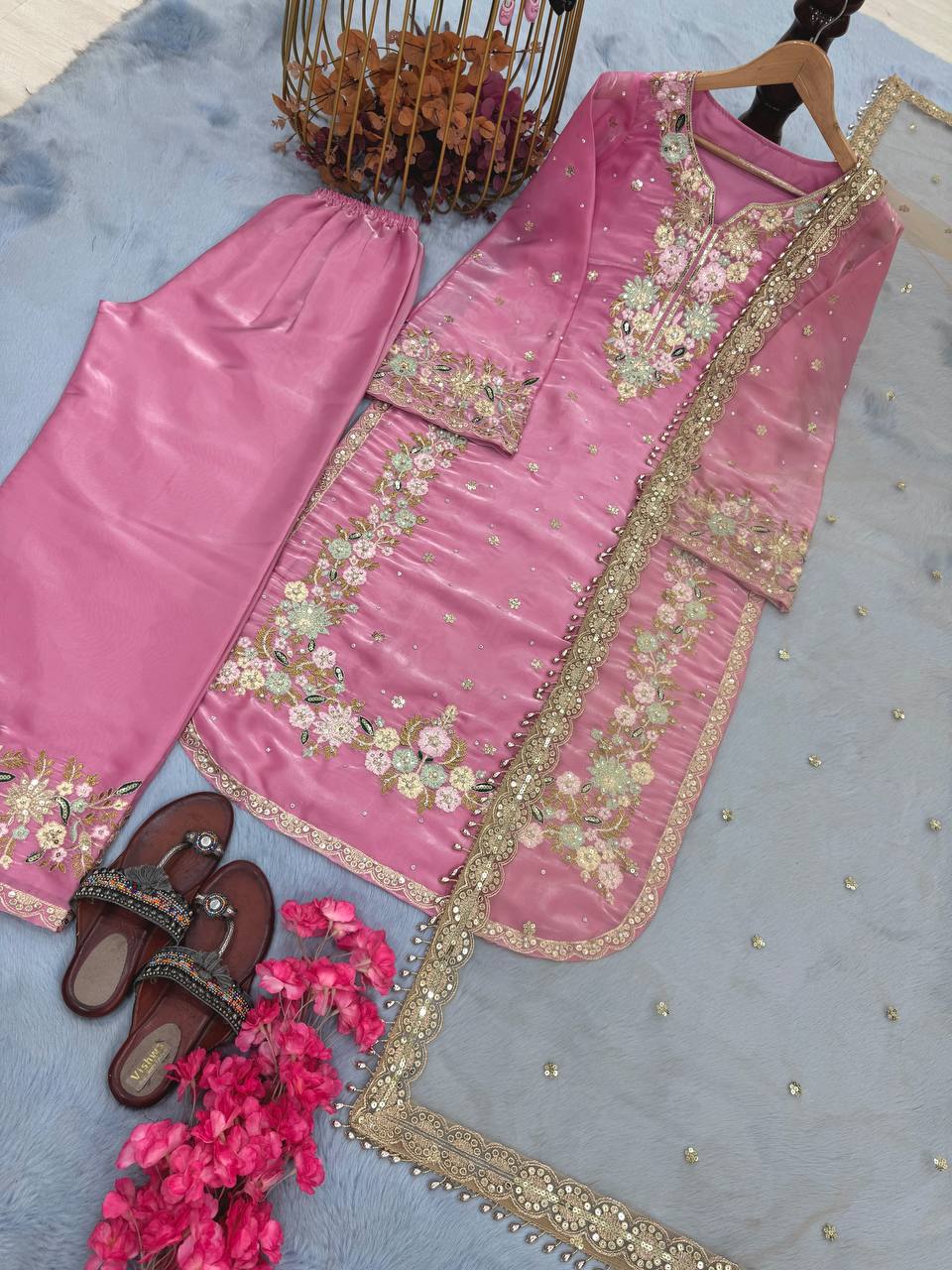 Pink Designer Party Wear Chinon Silk Plazzo Set – Exquisite Embroidery & Handwork ClothsVilla
