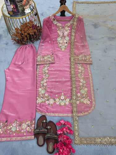 Pink Designer Party Wear Chinon Silk Plazzo Set – Exquisite Embroidery & Handwork ClothsVilla