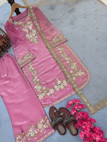 Pink Designer Party Wear Chinon Silk Plazzo Set – Exquisite Embroidery & Handwork ClothsVilla