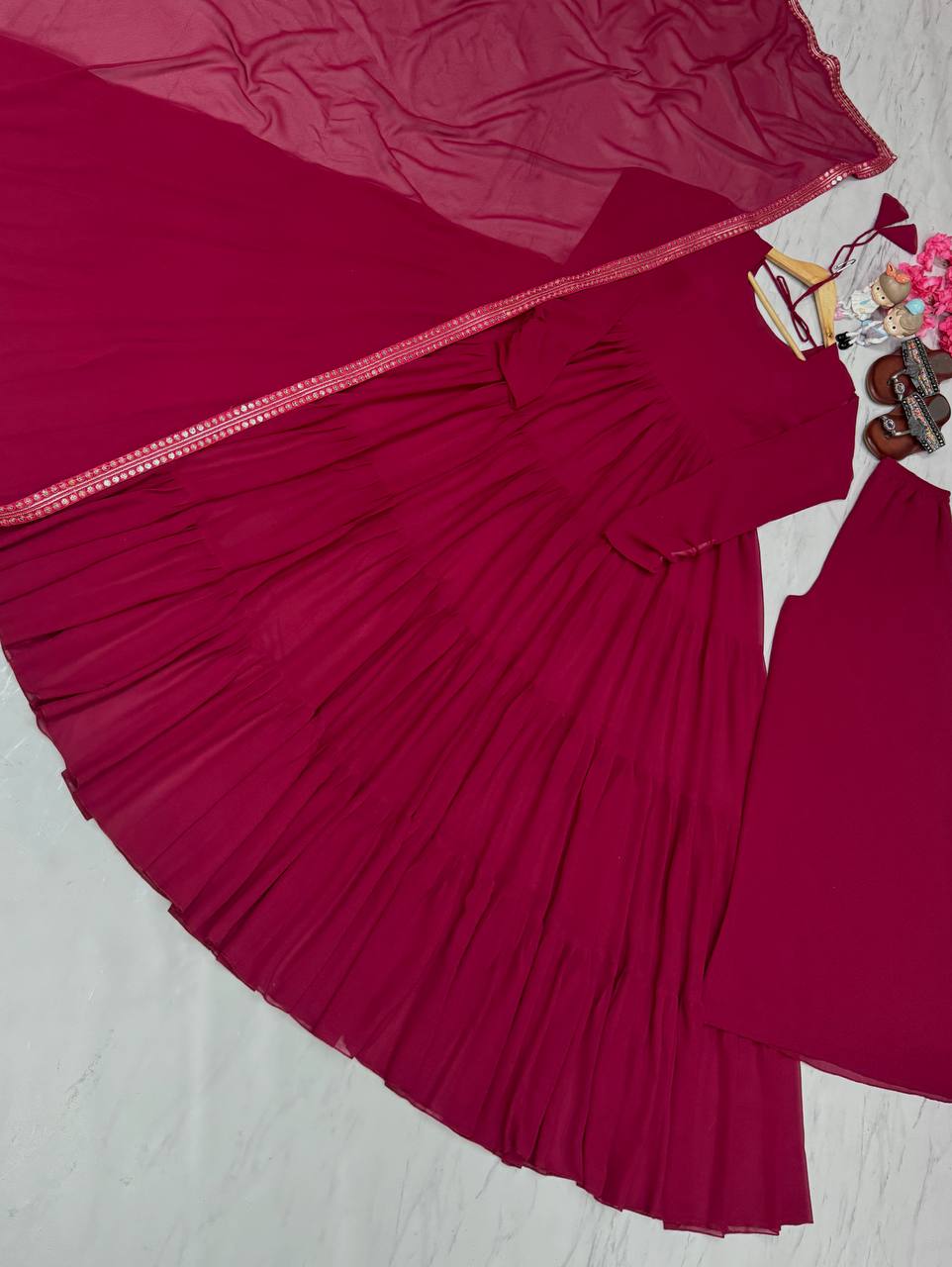 Pink Designer Party Wear Fancy Ruffles Gown, Dupatta & Plazzo Set – Elegant Festive Look Clothsvilla