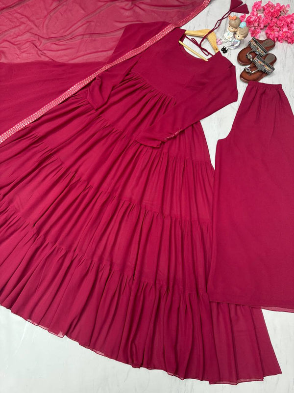 Pink Designer Party Wear Fancy Ruffles Gown, Dupatta & Plazzo Set – Elegant Festive Look Clothsvilla