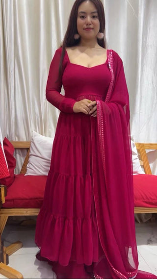 Pink Designer Party Wear Fancy Ruffles Gown, Dupatta & Plazzo Set – Elegant Festive Look Clothsvilla