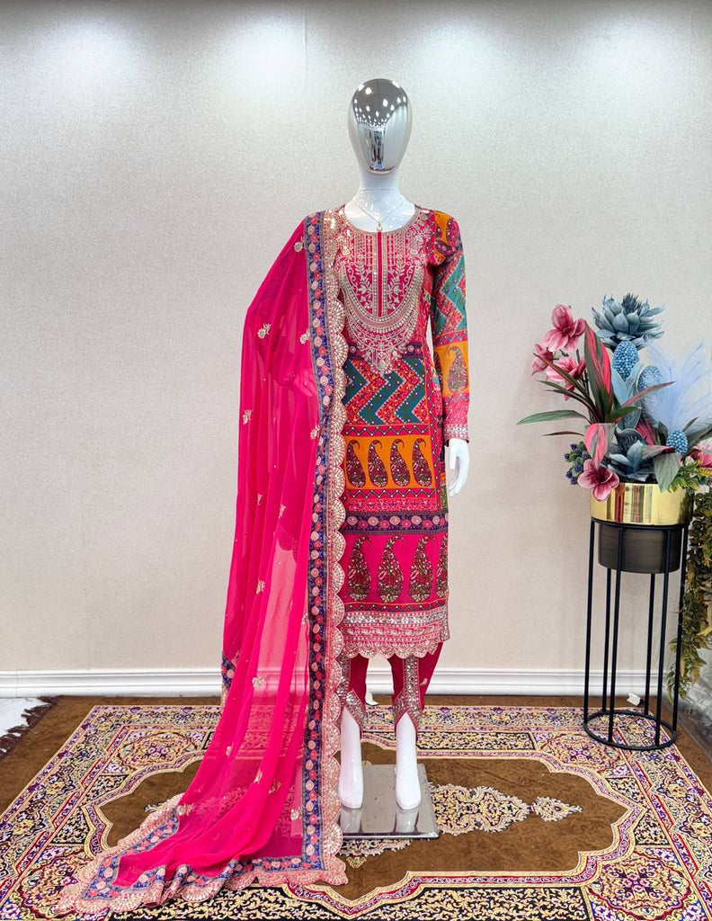 Pink Designer Party Wear Look Trending Printed Top, Dupatta & Dhoti Set Clothsvilla