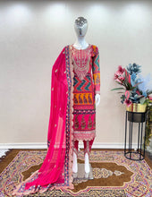 Load image into Gallery viewer, Pink Designer Party Wear Look Trending Printed Top, Dupatta &amp; Dhoti Set Clothsvilla