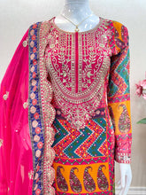 Load image into Gallery viewer, Pink Designer Party Wear Look Trending Printed Top, Dupatta &amp; Dhoti Set Clothsvilla