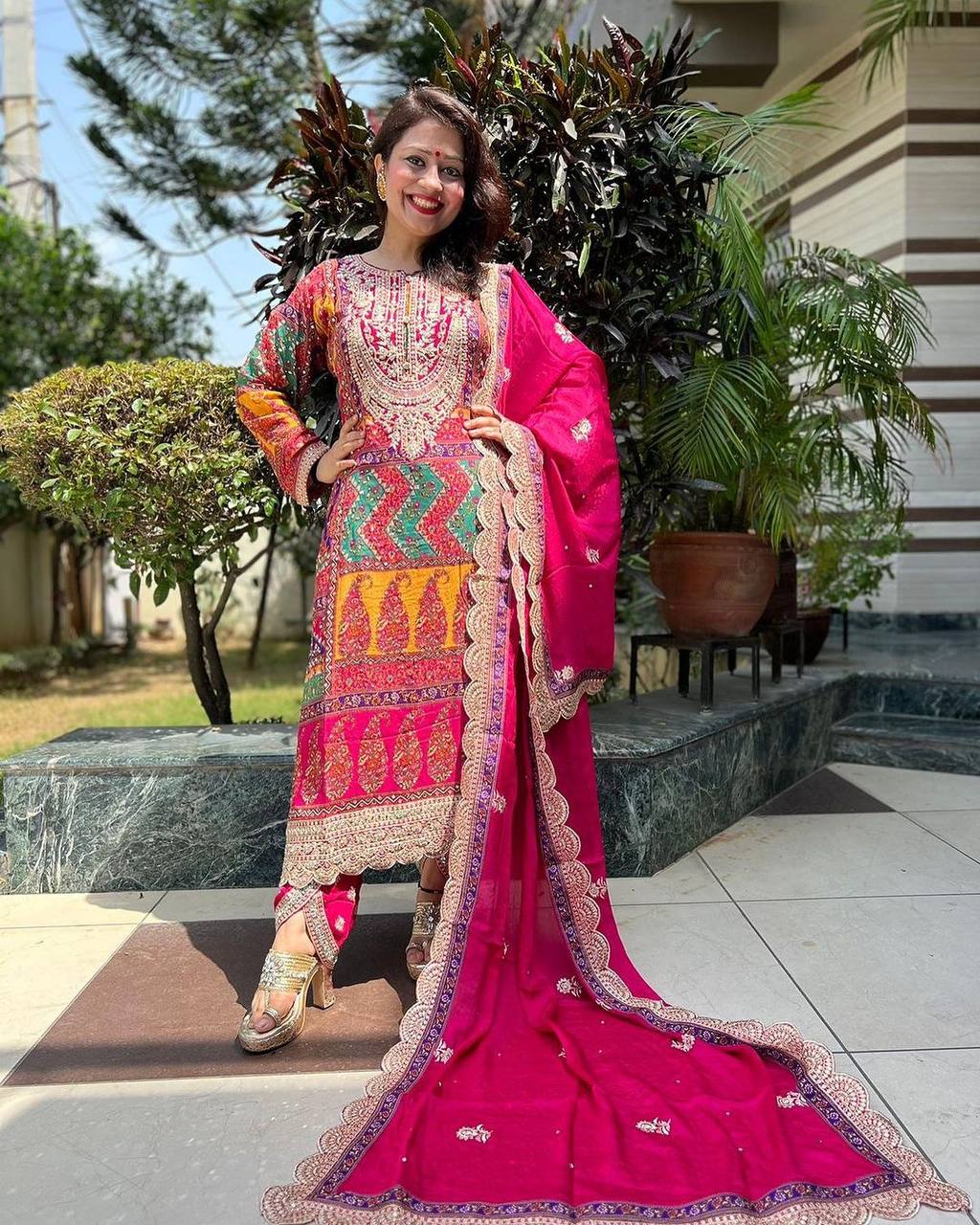 Pink Designer Party Wear Look Trending Printed Top, Dupatta & Dhoti Set Clothsvilla Main image