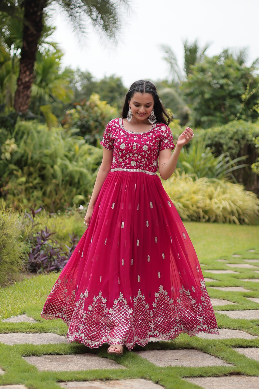 Pink Designer Readymade Gown with Zari & Sequins Embroidery ClothsVilla