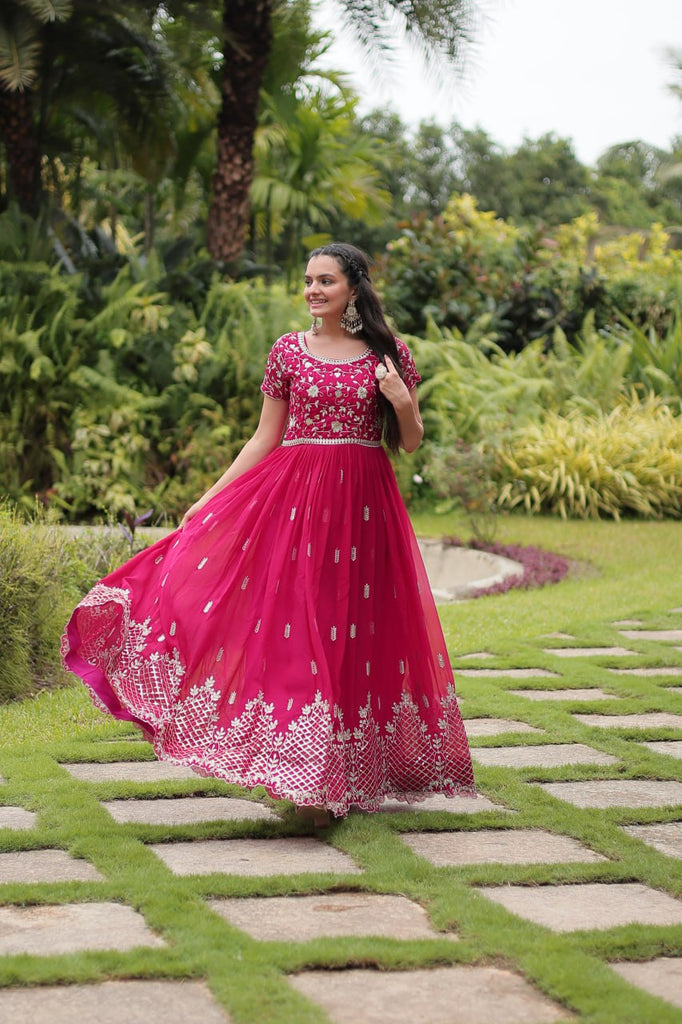 Pink Designer Readymade Gown with Zari & Sequins Embroidery ClothsVilla