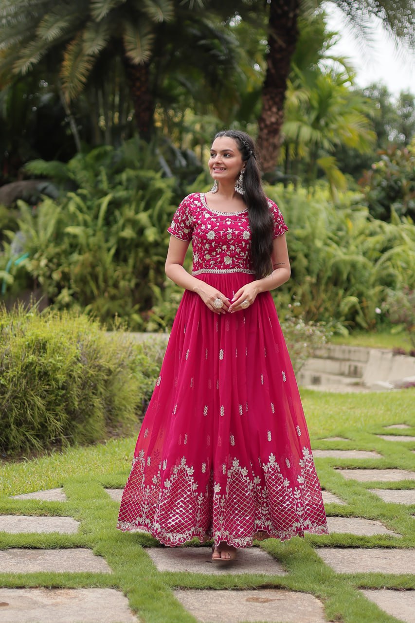 Pink Designer Readymade Gown with Zari & Sequins Embroidery Secondary image