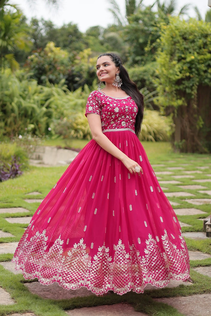 Pink Designer Readymade Gown with Zari & Sequins Embroidery ClothsVilla