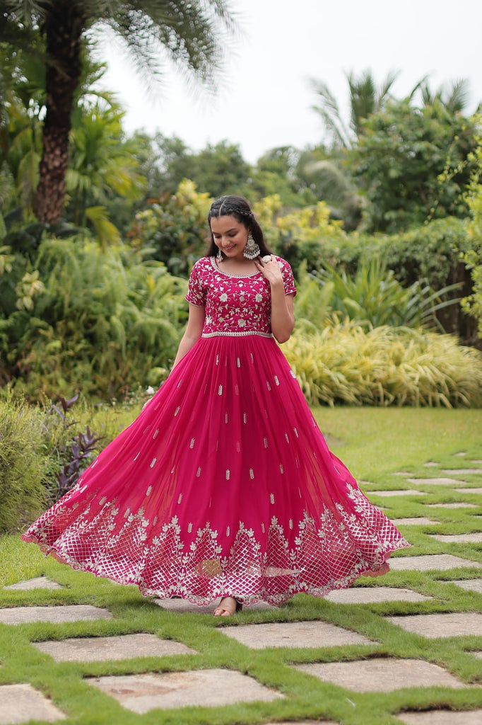 Pink Designer Readymade Gown with Zari & Sequins Embroidery ClothsVilla