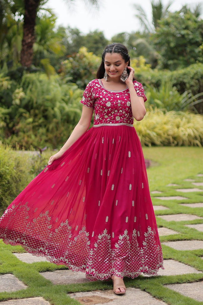 Pink Designer Readymade Gown with Zari & Sequins Embroidery ClothsVilla