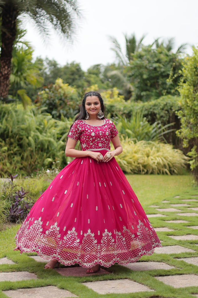 Pink Designer Readymade Gown with Zari & Sequins Embroid Pink Designer Readymade Gown with Zari & Sequins Embroid