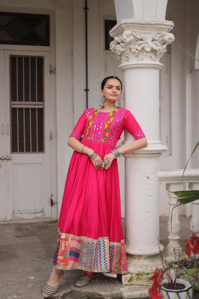 Pink Designer Roman Fabric Gown with Multicolor Thread, Mirror & Maslin Crochet Work ClothsVilla
