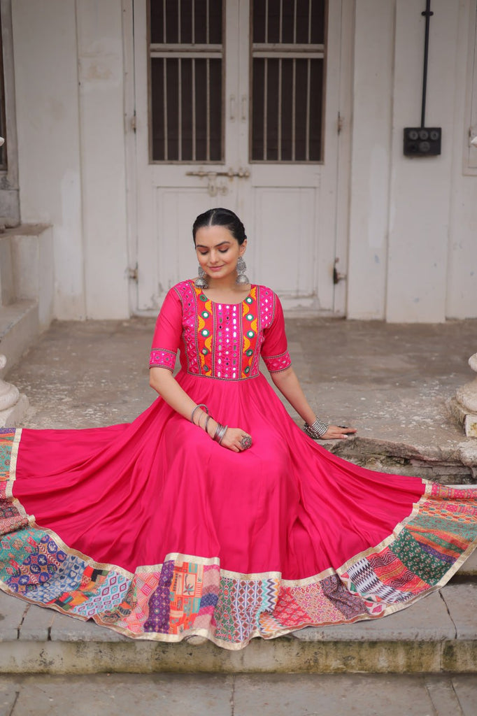 Pink Designer Roman Fabric Gown with Multicolor Thread, Mirror & Maslin Crochet Work ClothsVilla