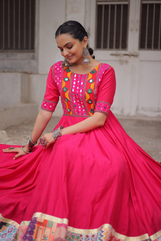 Pink Designer Roman Fabric Gown with Multicolor Thread, Mirror & Maslin Crochet Work ClothsVilla