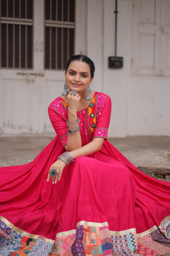 Pink Designer Roman Fabric Gown with Multicolor Thread, Mirror & Maslin Crochet Work ClothsVilla