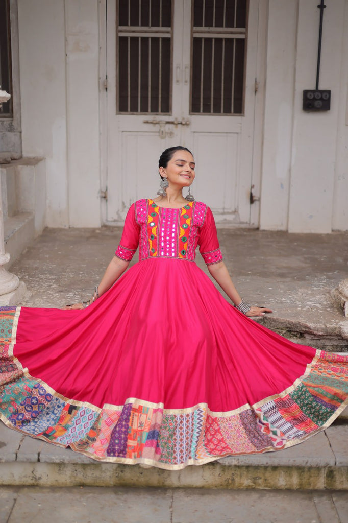 Pink Designer Roman Fabric Gown with Multicolor Thread, Mirror & Maslin Crochet Work ClothsVilla