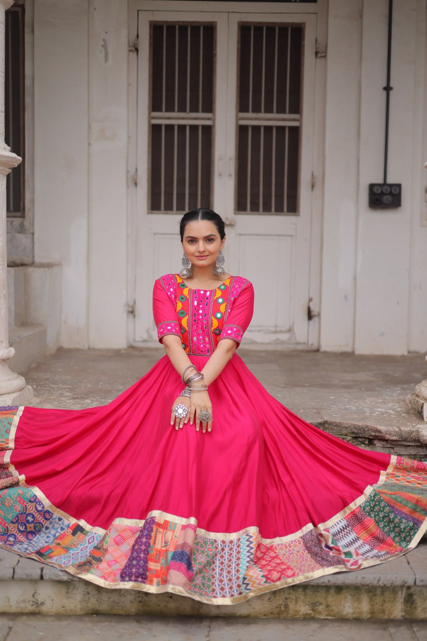 Pink Designer Roman Fabric Gown with Multicolor Thread, Mirror & Maslin Crochet Work ClothsVilla