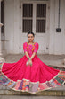 Load image into Gallery viewer, Pink Designer Roman Fabric Gown with Multicolor Thread, Mirror &amp; Maslin Crochet Work ClothsVilla