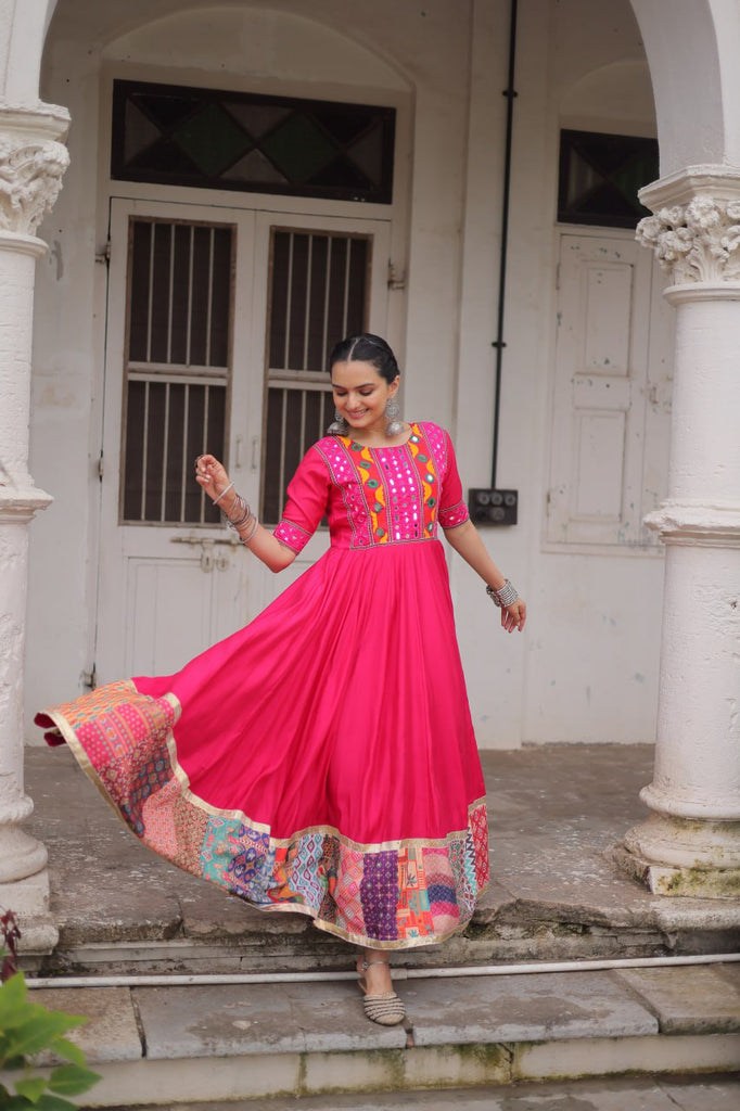 Pink Designer Roman Fabric Gown with Multicolor Thread, Mirror & Maslin Crochet Work ClothsVilla