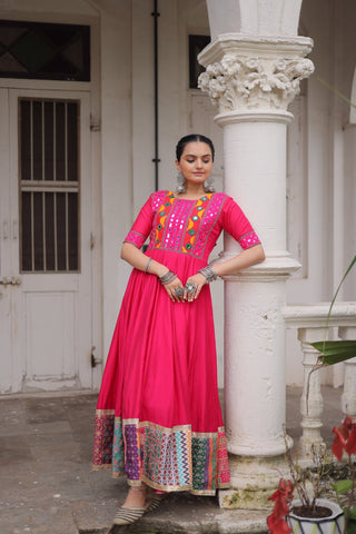 Pink Designer Roman Fabric Gown with Multicolor Thread, Mirror & Maslin Crochet Work ClothsVilla