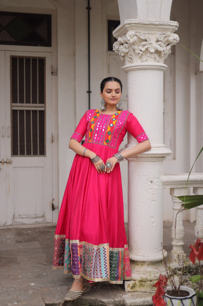Pink Designer Roman Fabric Gown with Multicolor Thread, Mirror & Maslin Crochet Work ClothsVilla