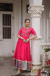 Load image into Gallery viewer, Pink Designer Roman Fabric Gown with Multicolor Thread, Mirror &amp; Maslin Crochet Work ClothsVilla
