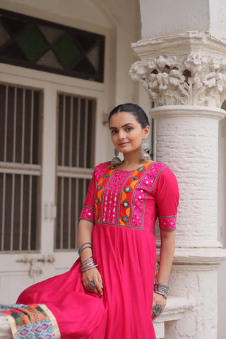 Pink Designer Roman Fabric Gown with Multicolor Thread, Mirror & Maslin Crochet Work ClothsVilla