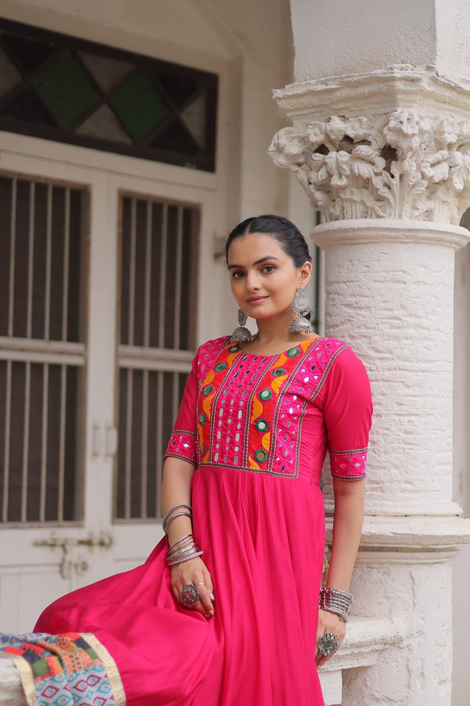 Pink Designer Roman Fabric Gown with Multicolor Thread, Mirror & Maslin Crochet Work ClothsVilla