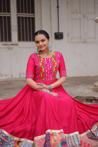 Pink Designer Roman Fabric Gown with Multicolor Thread, Mirror & Maslin Crochet Work ClothsVilla