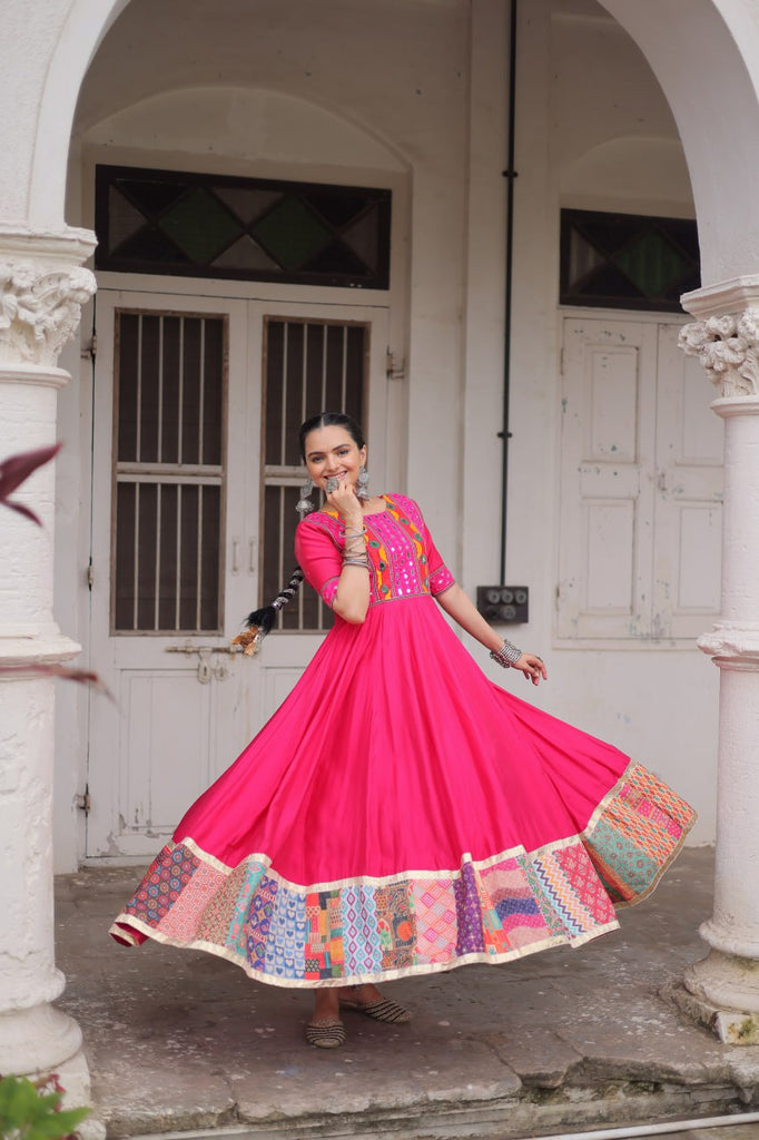Pink Designer Roman Fabric Gown with Multicolor Thread, Mirror & Maslin Crochet Work ClothsVilla